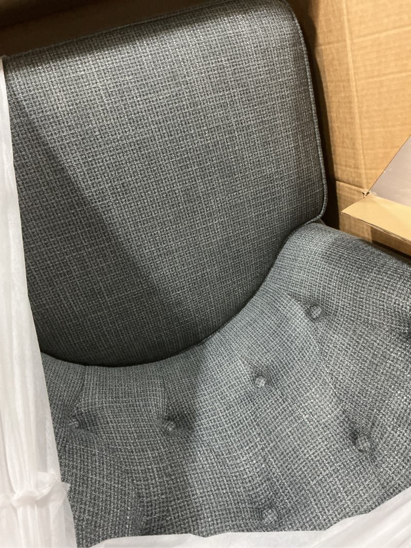 Condition photo showing Good Condition for lexicon accent chair, textured fabric upholstered armless chair with solid wood legs, button tufted curved back for living room/bedroom/office/waiting area, dark gray dark grey