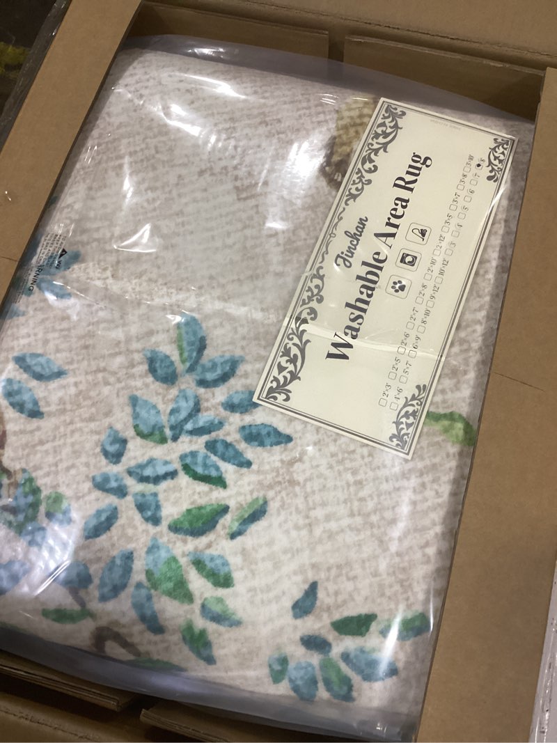 Condition photo showing Good Condition for jinchan Round Rugs 8ft Ivory Botanical Birds Print Machine Washable 8' Circle Nature Plants Modern Soft Non Slip Kids Throw Area Rugs Ultra Thin Low Pile Carpet for Living Room Bedroom Dining Room 8' (Round) Natural Ivory