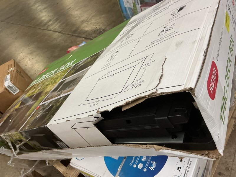 Condition photo showing As Is for keter 170 gal. resin deck box large indoor/outdoor storage