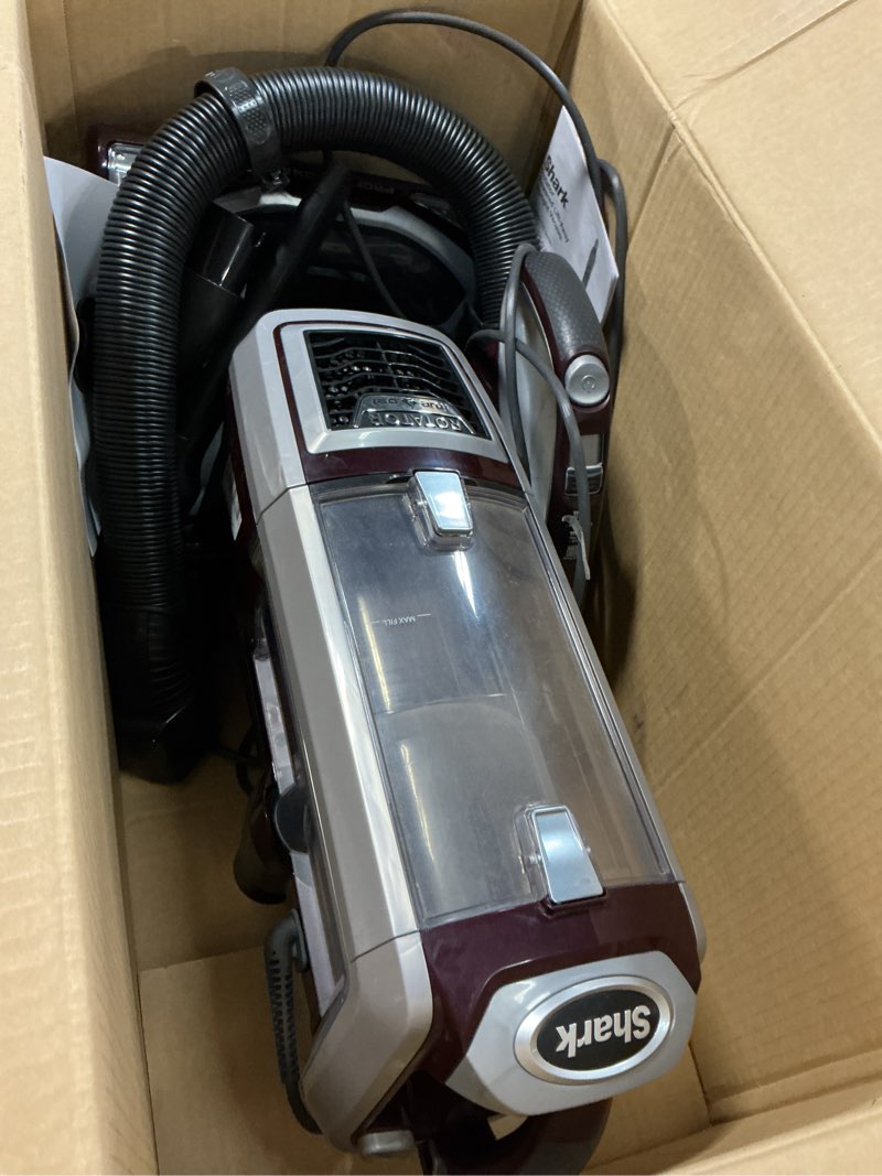 Condition photo showing As Is for shark nv752 rotator powered lift-away truepet upright vacuum with hepa filter, large dust cup capacity, led headlights, upholstery tool, perfect pet power brush & crevice tool, bordeaux
