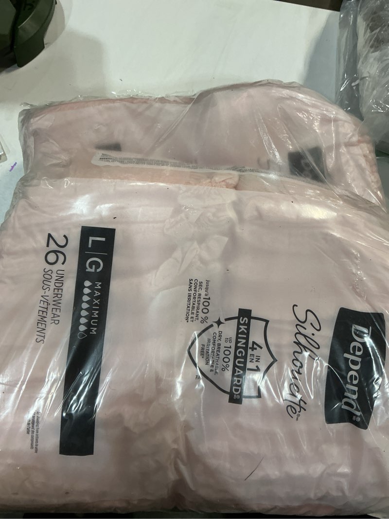 Condition photo showing New/Like New for Depend Silhouette Adult Diapers, Incontinence & Postpartum Bladder Leak Underwear for Women, Maximum Absorbency, Large, Pink, 52 Count (2 Packs of 26), Packaging May Vary Pink Large 52