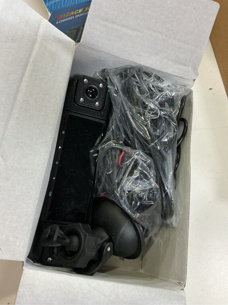 Condition photo showing As Is for 4 channel 360° dash cam front rear inside & left right 4k+1080p*3 fhd car camera, 5ghz wifi & app control 8 ir lamps night vision 24h parking mode, g-sensor, loop recording, includes 64gb (gunmetal)