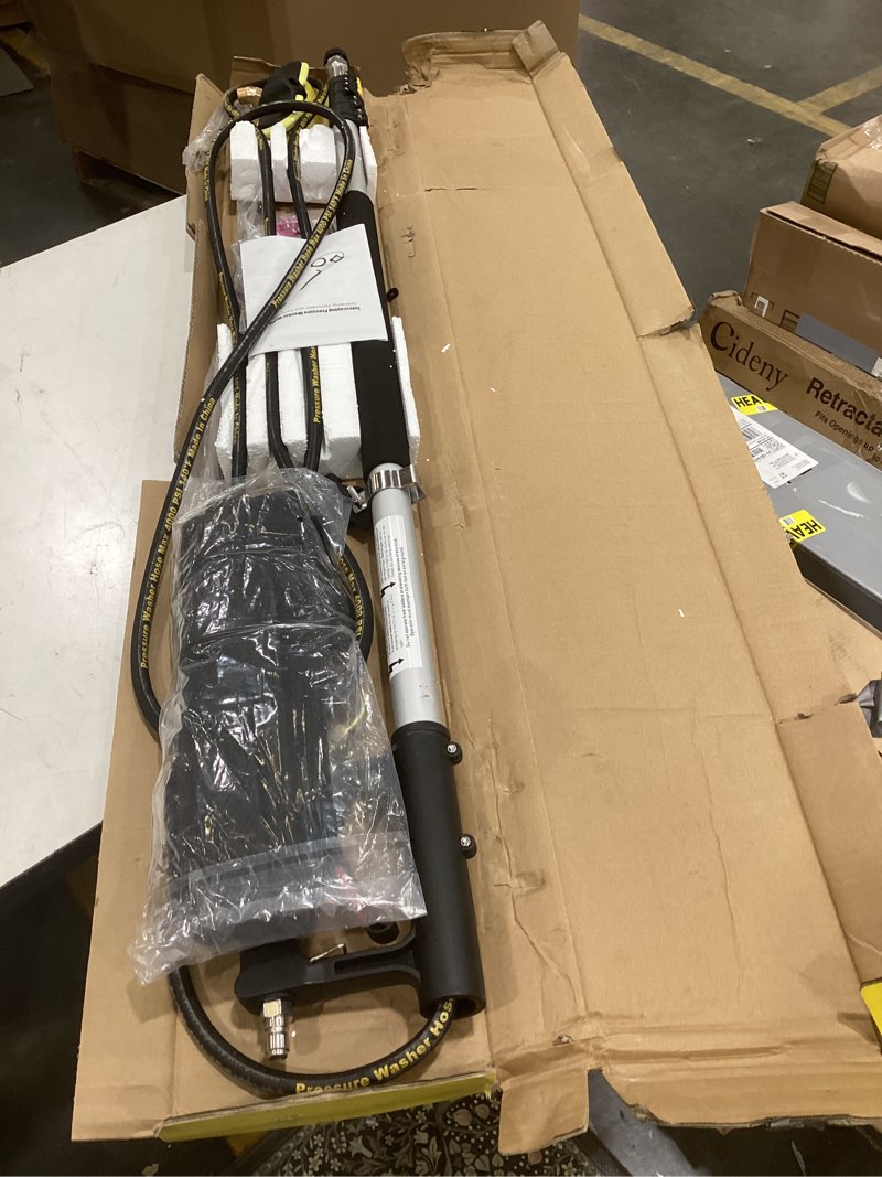 Condition photo showing Good Condition for 24ft telescoping pressure washer extension wand, power washer extension wand, solar panel cleaner pole with turbo nozzle, brush head, 7 nozzle tips, 3 adapters & harness 24ft-hse