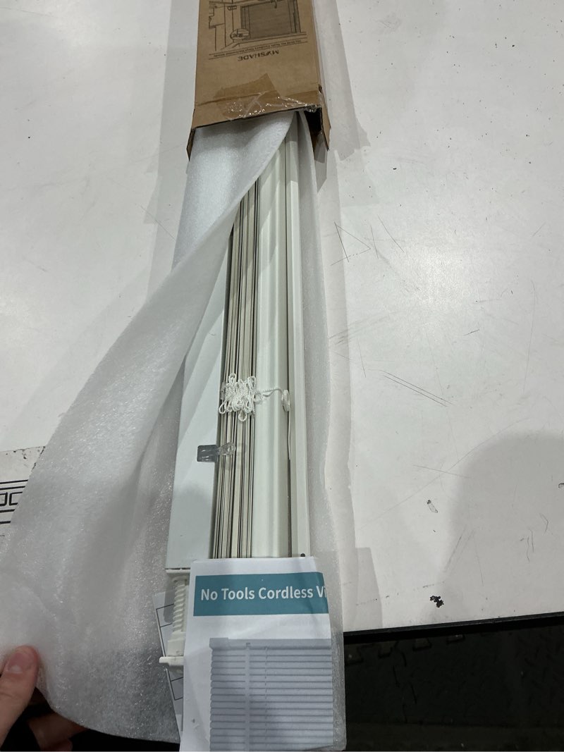 Condition photo showing Good Condition for myshade no-drill cordless horizontal mini blinds – 23.5" w x 36" h tool-free inside mount window blinds with 1" vinyl slats, light filtering & privacy, child & pet safe, white cordless-white 23.5" w x 36" h