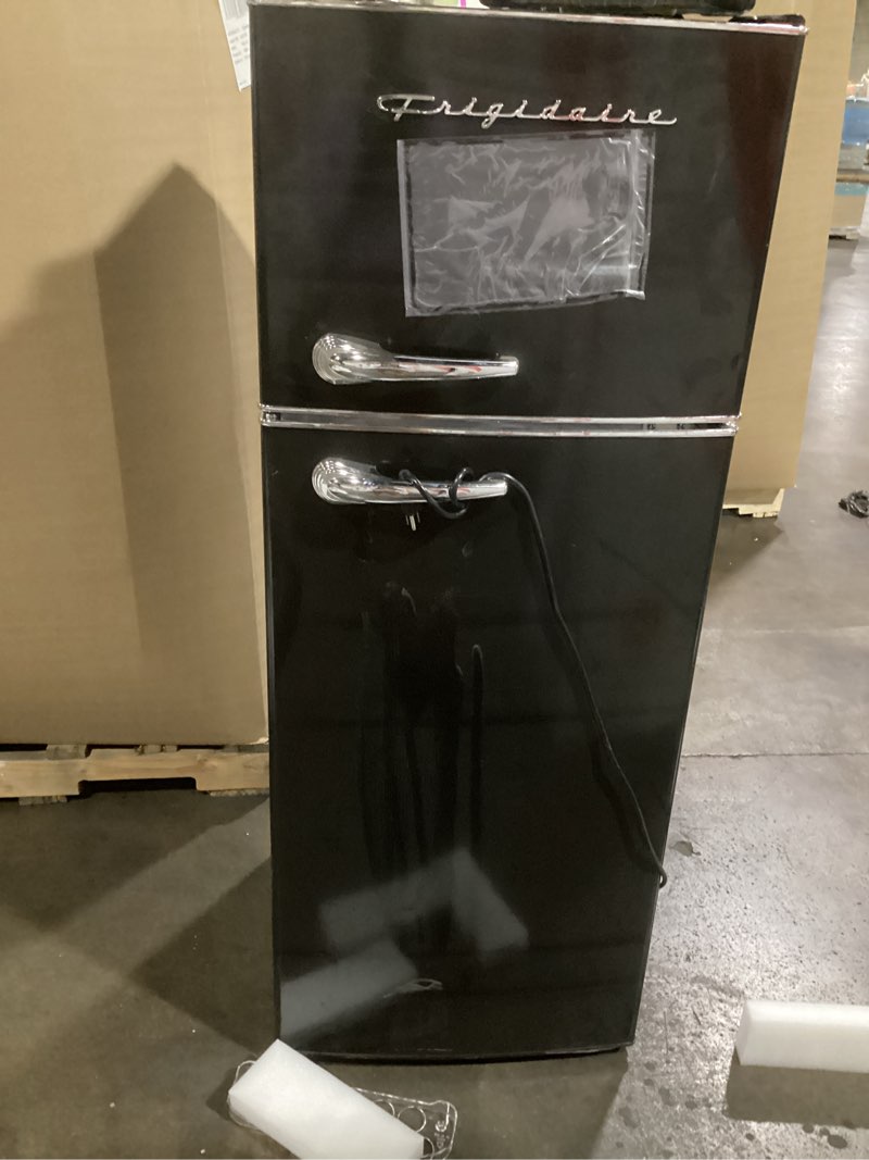 Condition photo showing As Is for Frigidaire EFR840 Retro Mini Fridge with Freezer & Side Bottle Opener - Small 2 Door Refrigerator for Office Bar or College Dorm Room - 3.2 Cu Ft, black