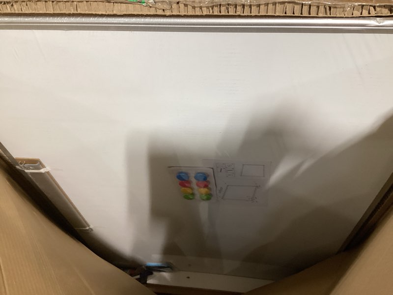 Condition photo showing As Is for large dry erase calendar whiteboard for wall, 48" x 36" month white board | double-sided magnetic, calendar cork whiteboard combo, aluminium frame, bulletin portable board, home office school white calendar 48"w x 36"h