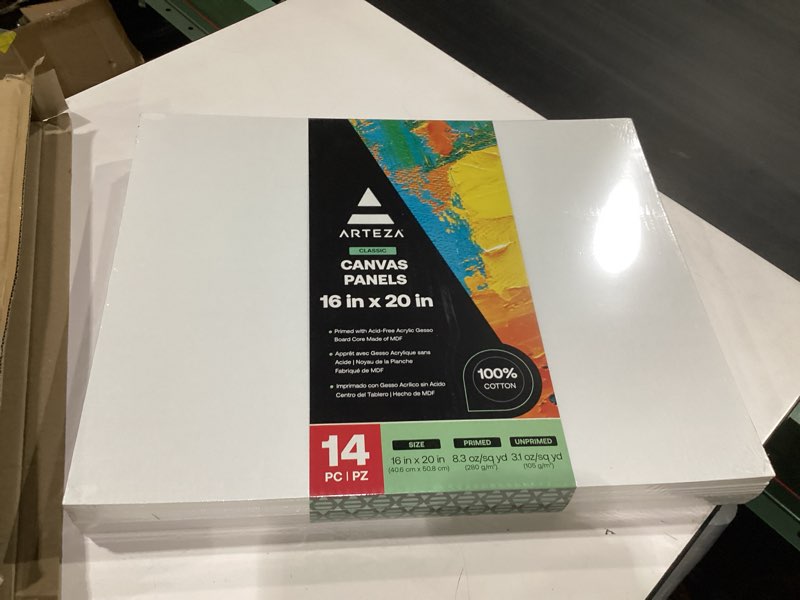 Condition photo showing New/Like New for arteza canvas boards for painting, 16 x 20 inches, pack of 14, blank white canvas panels for acrylic, oil and gouache painting 16"x20"