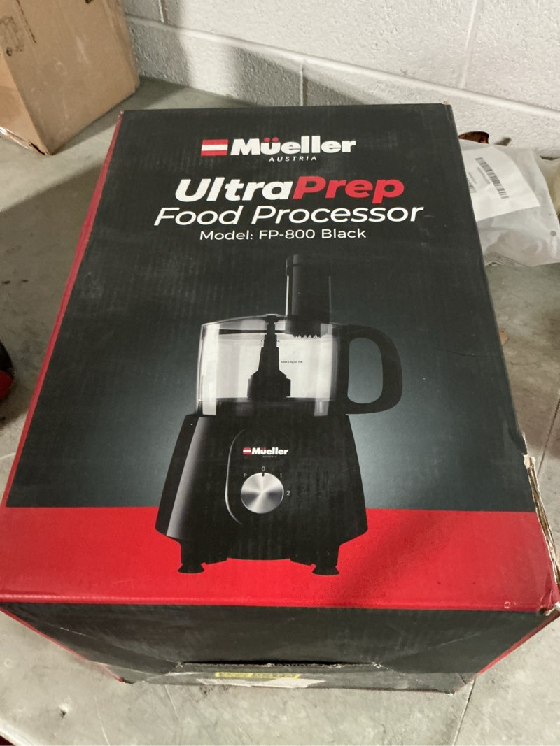 Condition photo showing New/Like New for mueller ultra prep food processor chopper for dicing, grinding, whipping and pureeing, food chopper for vegetables, meat, grains, nuts and whisk for eggs and cream, 8 cup, black