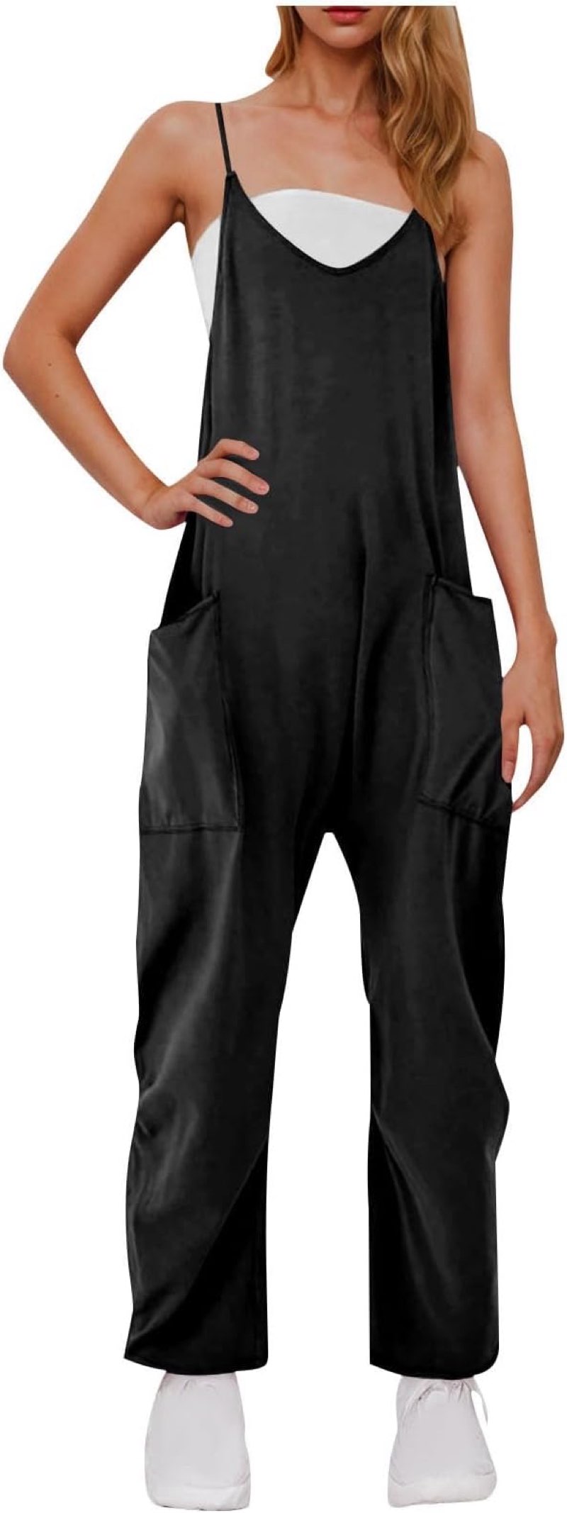 Rompers for Women Spaghetti Strap Casual One Piece Outfits Sleeveless Soild Loose Jumpsuits with Pockets Womens Clothes