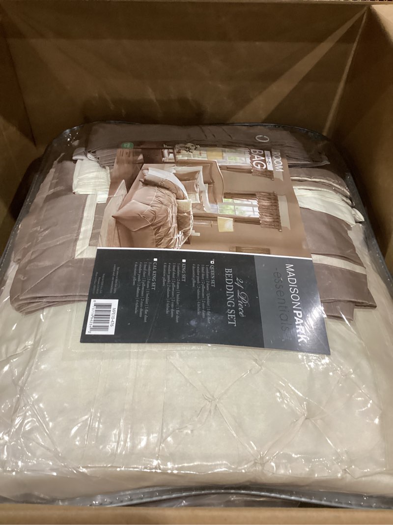 Condition photo showing Good Condition for madison park essentials room in a bag faux silk comforter set - luxe diamond tufting all season bedding, matching curtains, decorative pillows, taupe queen(90"x90") 24 piece queen taupe