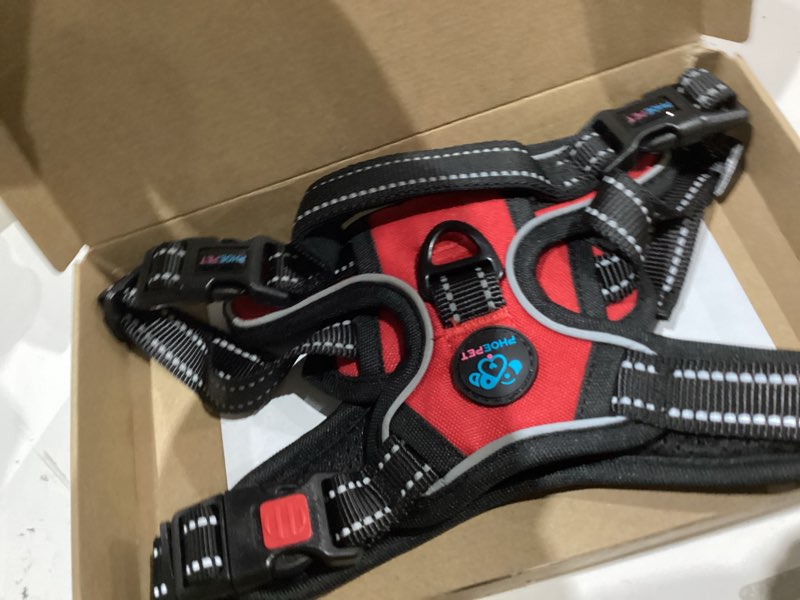 Condition photo showing As Is for phoepet no pull dog harnesses for small dogs reflective adjustable front clip vest with handle 2 metal rings 3 buckles [easy to put on & take off](s, red) small red
