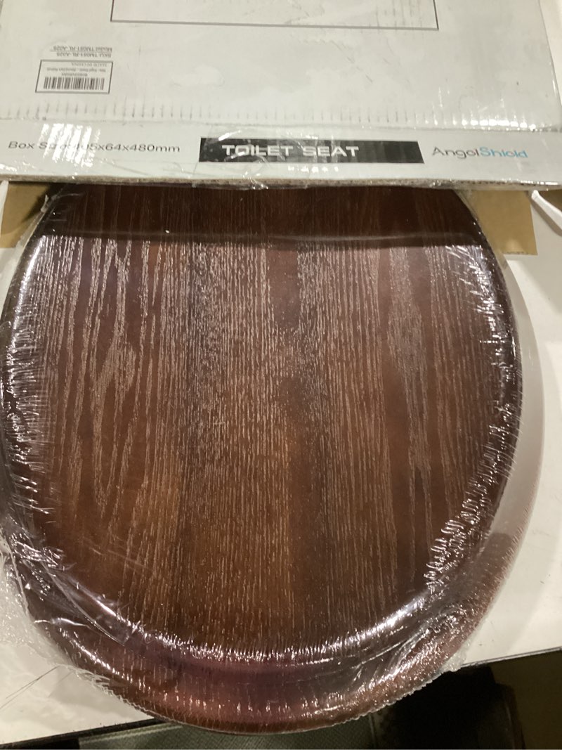 Condition photo showing New/Like New for angel shield toilet seat round wood with slow close,easy clean,quick-release hinges (round,dark walnut) dark walnut round