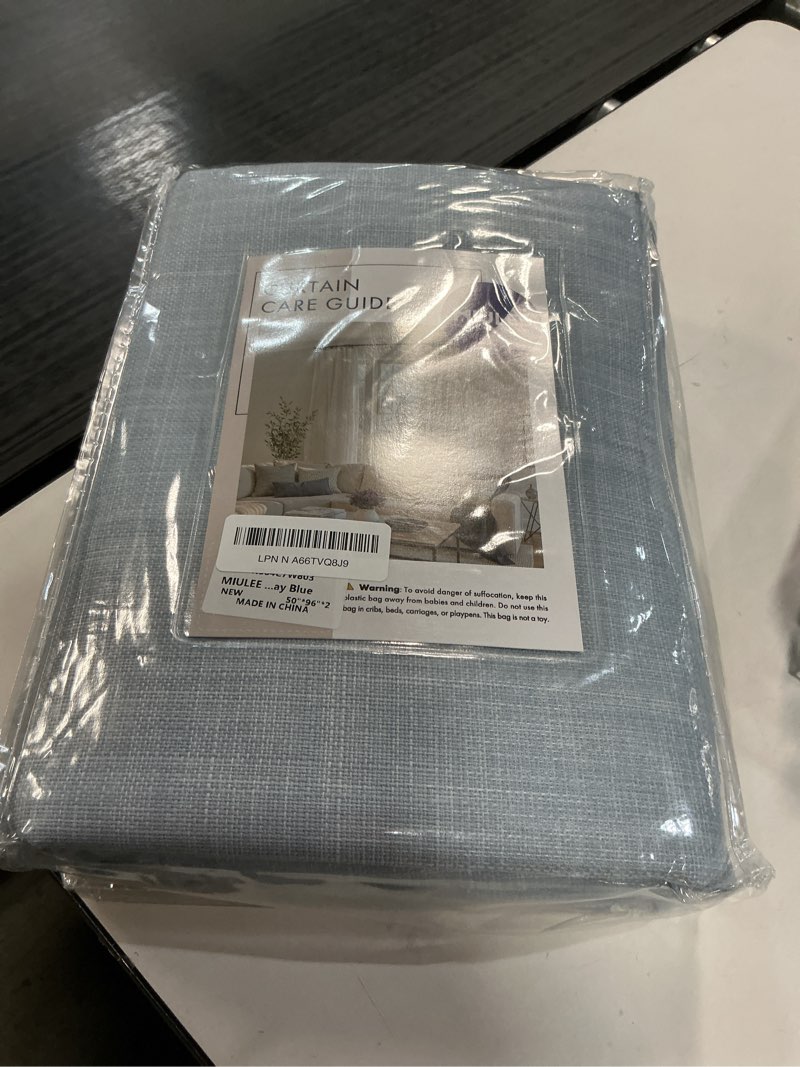 Condition photo showing Good Condition for MIULEE 100% Blackout Curtains 96 Inch Long 2 Panels Set for Bedroom, Thick Faux Linen Black Out Curtain Room Darkening Back Tab Pleat Window Textured Drapes with Hooks for Living Room, Chambray Blue Chambray Blue 50"W x 96"L (Pack of 2)