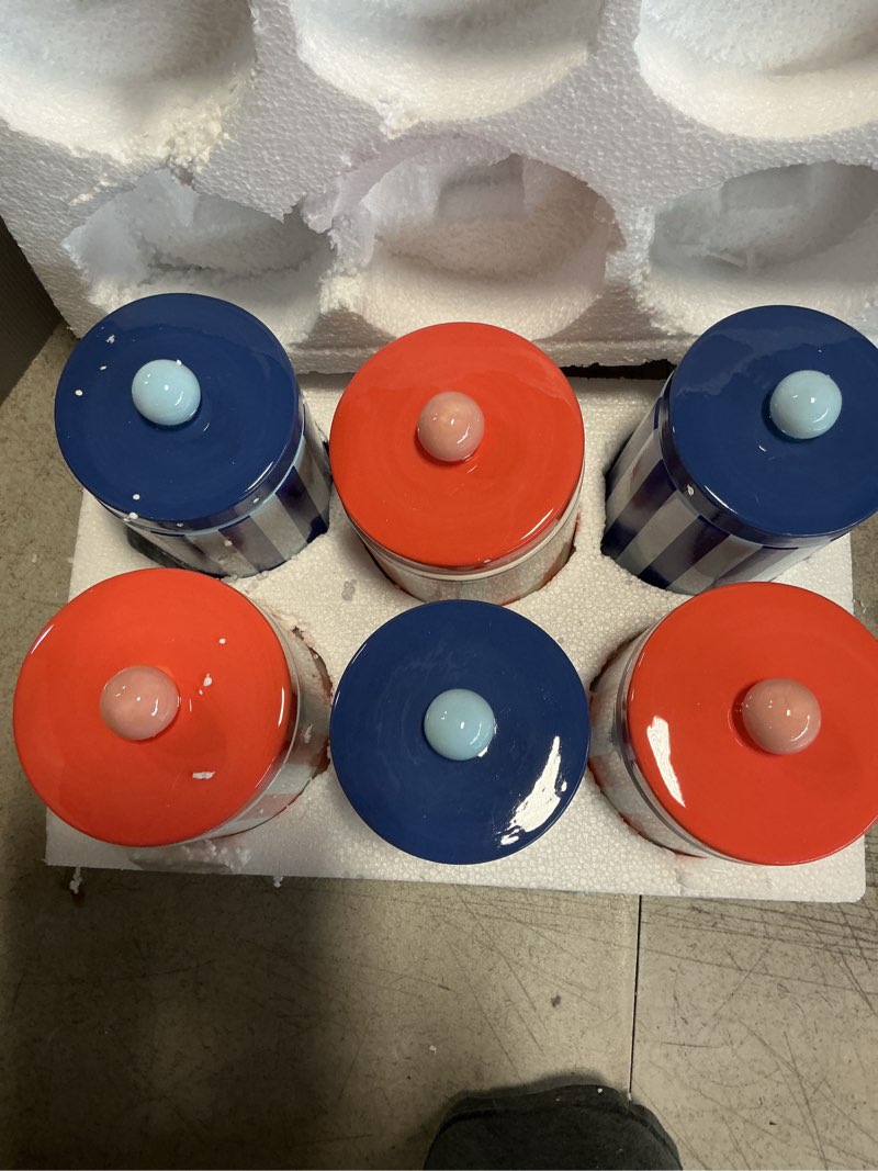 Set of 6 ceramic jars with lids red and blue