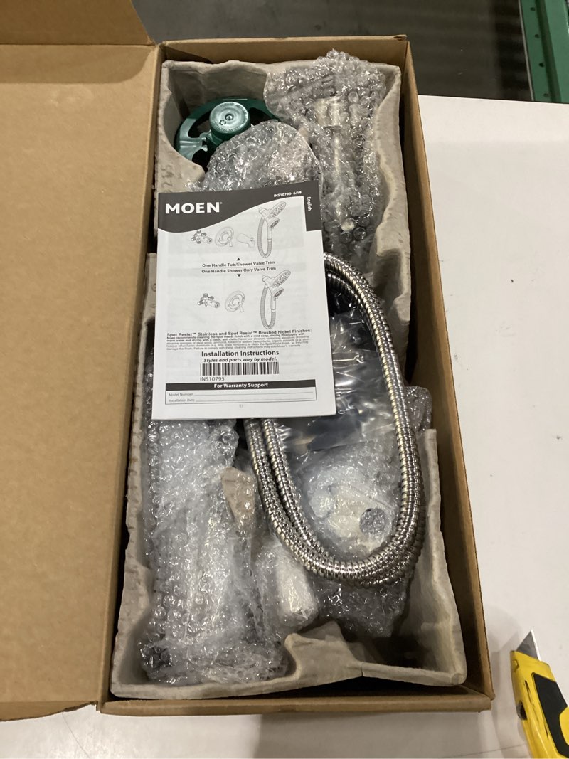 Condition photo showing New/Like New for Moen Engage Multi-Function Handshower and Rainfall Shower Head Trim Combo with Handle, Tub Spout, Metal Hose and Valve, Brushed Nickel, 82304SRN