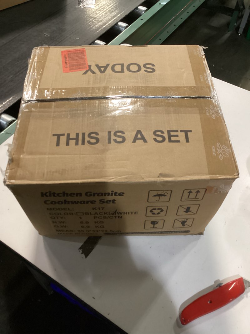 Condition photo showing New/Like New for 12 Pcs Pots and Pans Set Non Stick, Cookware Sets White Granite Induction Cookware, Non-toxic Healthy Nonstick Kitchen Cooking Set with Frying Pan Set, Saucepans (PFAS/PFOA/PFOS Free) White 12 Pieces