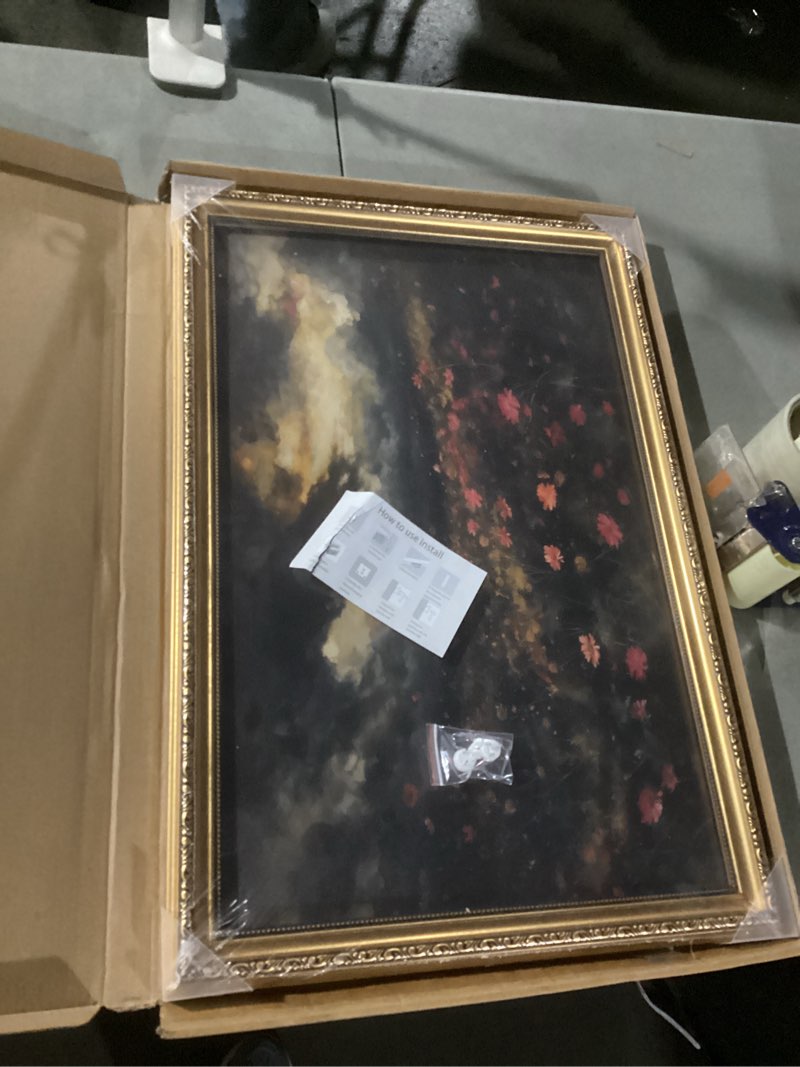 Condition photo showing Good Condition for vintage gold framed wall art - vintage landscape canvas wall art nature wildflower paintings dark moody prints rustic farmhouse cottagecore decor aesthetic artwork for living room bedroom 8x10in nature wildflower field framed 8x10in gold framed