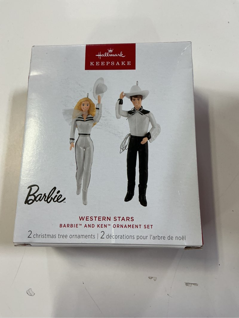Condition photo showing New/Like New for hallmark keepsake christmas ornaments, barbie and ken western stars, set of 2, gifts for barbie fans