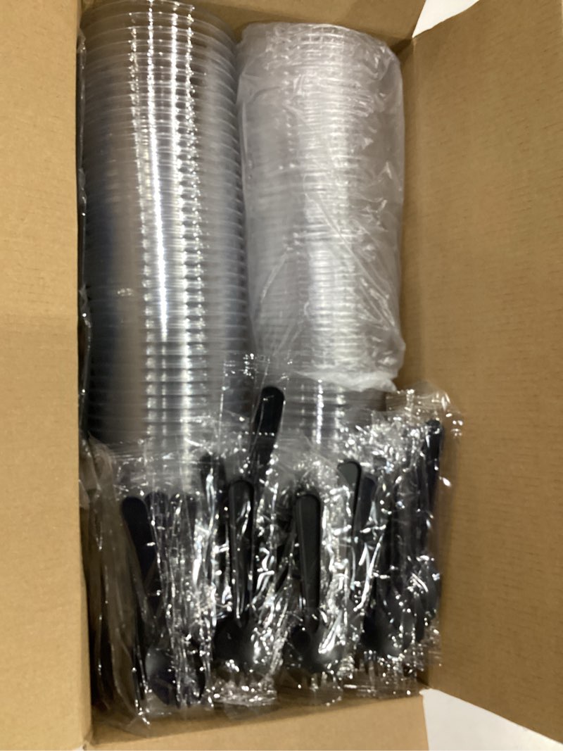 Condition photo showing New/Like New for szsrcywd 100pcs 12 oz plastic cups with dome lids and sporks,clear disposable dessert containers for ice cream,fruit,parfait,pudding,yogurt,jelly,hole in the lid,50 set 12oz cups with hole in the lids