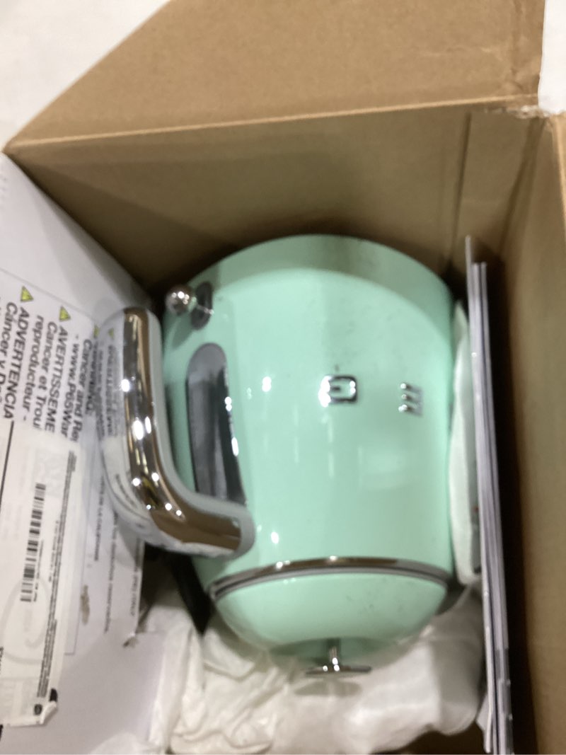Condition photo showing As Is for smeg mini 50's retro style 3 cup electric kettle with double wall anti slip base and water level indicator (pastel green) 0.8 quarts pastel green