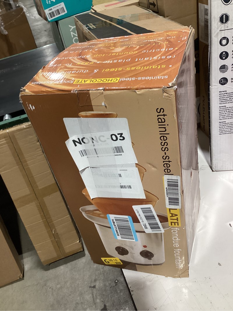 Condition photo showing Good Condition for chocolate fountain, 4 tiers electric melting machine chocolate fondue fountain set with 6pcs stainless steel forks, 4-pound capacity for nacho cheese, bbq sauce, ranch
