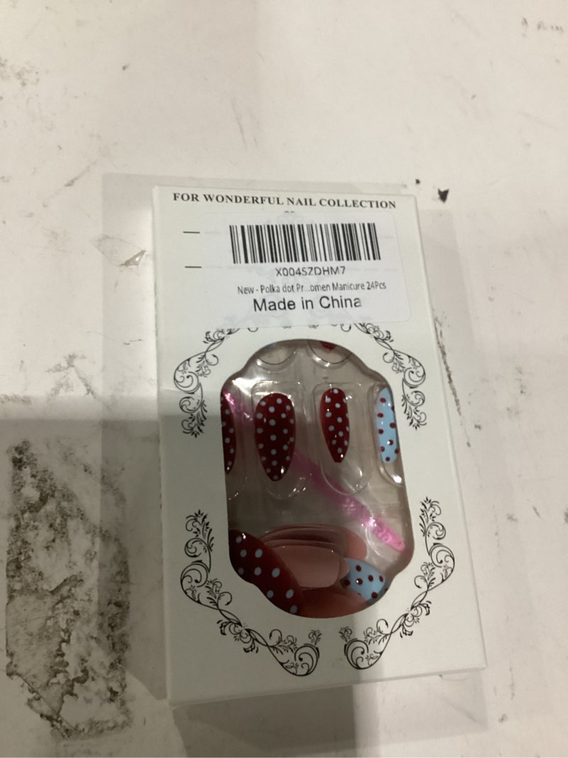 Condition photo showing Good Condition for polka dot press on nails red blue fake nails with point design medium almond false nail french tip glue on nails glossy full cover artificial acrylic star stick on nail for women manicure 24pcs star point