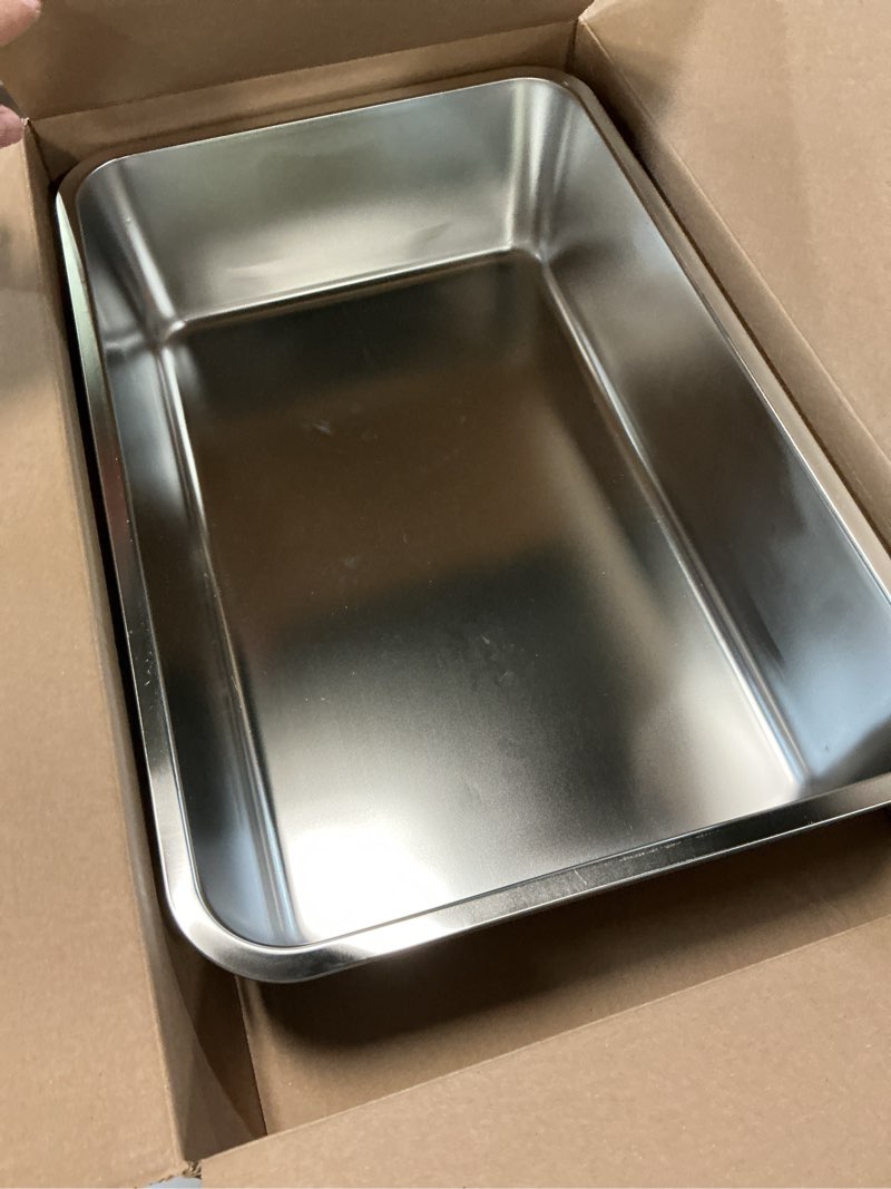 Condition photo showing Good Condition for kirecoo stainless steel cat litter box xl- metal high sided cat pan, large stainless steel box, indoor litter tray, non stick, no smell, easy to clean, pet toilet supplies for kitten, kitty, rabbit 23.43" l x 15.55" w x 5.7" h