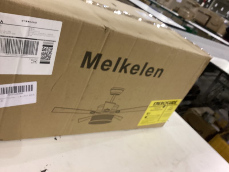 Condition photo showing New/Like New for Melkelen Farmhouse Ceiling Fans, 52 Inch Ceiling Fans with Lights and Remote Control, Rustic Barnwood Blades, Industrial Cage Light, Matte Black (MK03-BK)
