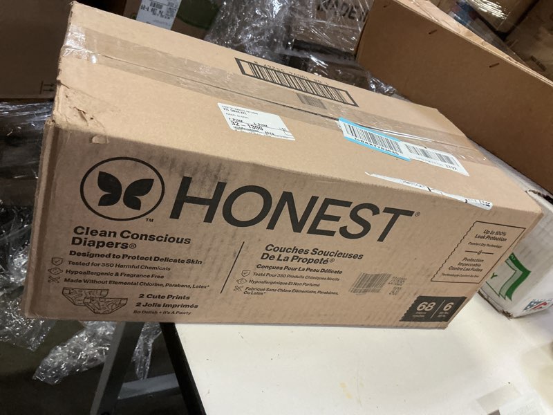 Condition photo showing New/Like New for The Honest Company Clean Conscious Diapers for Delicate Skin | Up to 100% Leakproof | Hypoallergenic, Fragrance Free | Gender Neutral | Super Club Box, Size 6 (35+ lbs), 68 Count (Prints May Vary) Size 6 (68 Count) So Delish + It's a Pawty