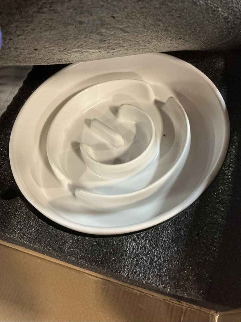 Condition photo showing Good Condition for Ceramic Slow Feeder and Water Bowl Set for Medium and Large Dogs, 8.0 Inches Ceramic Dog Bowls Elevated with Wooden Stand, 2.0 Cups Dog Slow Feeder(30oz) and 70oz Water Bowl Set, White White 8" D