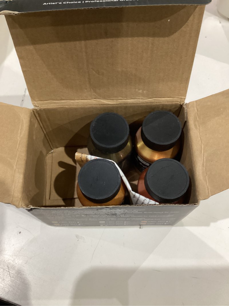 Condition photo showing As Is for Nicpro Acrylic Paint Metallic, 6 Colors Gold, Silver, Copper, Brass, Bronze, DeepGold, 24oz/720ml Gold Leaf Paint, Non Toxic, Non Fading Paints for Art Painting, Handcrafts, Ideal for Multi-surface Gold, Silver, Copper, Brass, Bronze, Deep Gold 4 Fl Oz (Pack of 6)