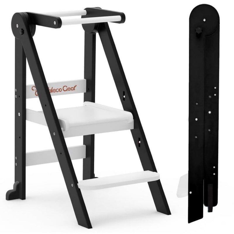 TALECO GEAR Foldable Toddler Tower, Kitchen Kids Step Stool Helper, Standing Tower with 3 Adjustable Heights, Black&White  