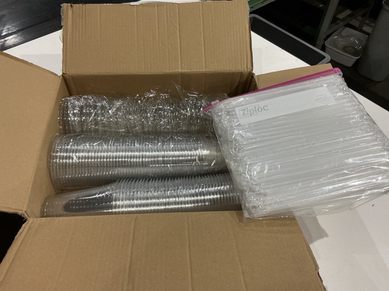 Condition photo showing Good Condition for fit meal prep 100 pack 16 oz plastic iced coffee cups with flat lids and black straws, disposable clear cup, bpa free cup for party, smoothie, cold drinks, juice, milkshake, bubble boba, tea 16 oz 100