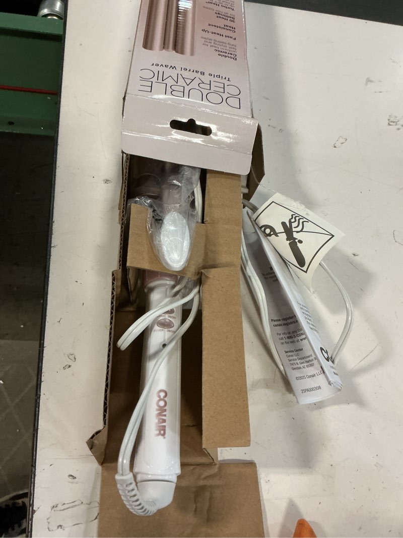 Condition photo showing New/Like New for conair double ceramic 3 barrel curling iron, triple barrel waver hair tool creates deep, continuous waves, hair curler for all hair lengths, white/rose gold 1 inch