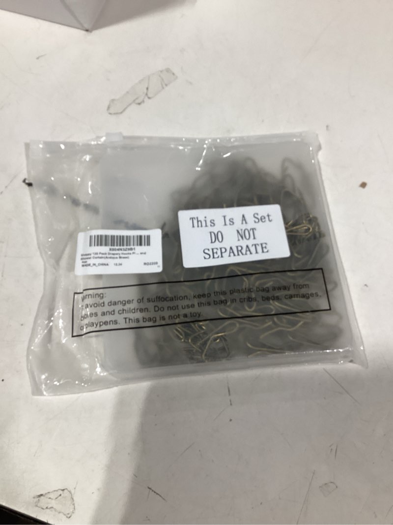 Condition photo showing As Is for Shappy 120 Pack Drapery Hooks Pins for Curtains, Metal Pinch Pleat Hooks with Clear Box 1.2 Inch for Window Door and Shower Curtain(Antique Brass)