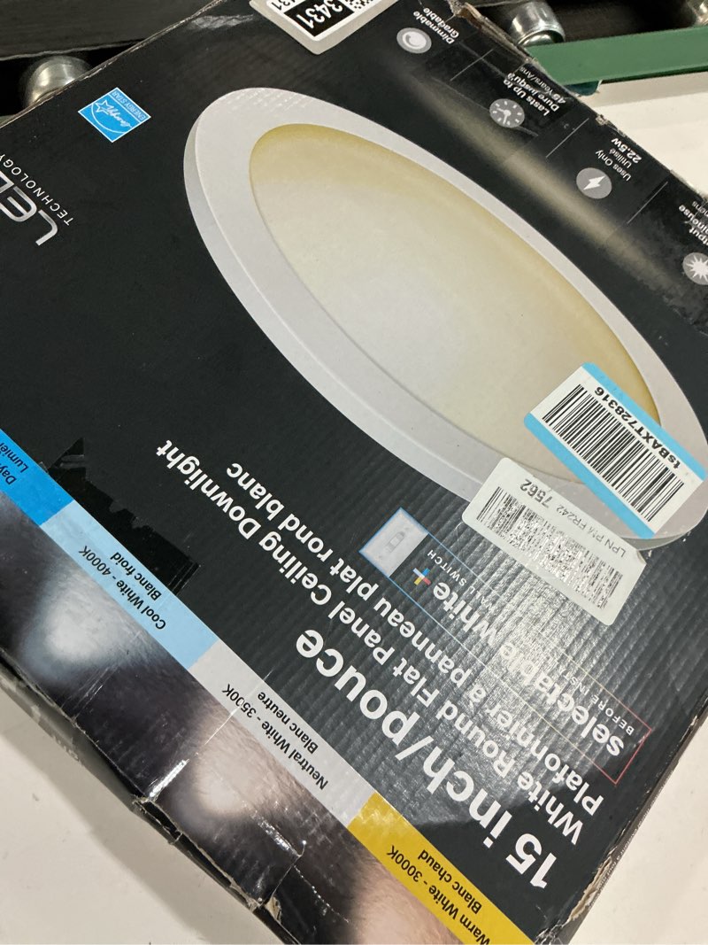 Condition photo showing Good Condition for feit electric 15in round flat panel led ceiling fixture, 5 selectable color temperatures (3000k-6500k), ultra-slim design, dimmable, 1650 lumens, 50,000-hour lifetime, 74212/6wy selectable white 15in. downlight