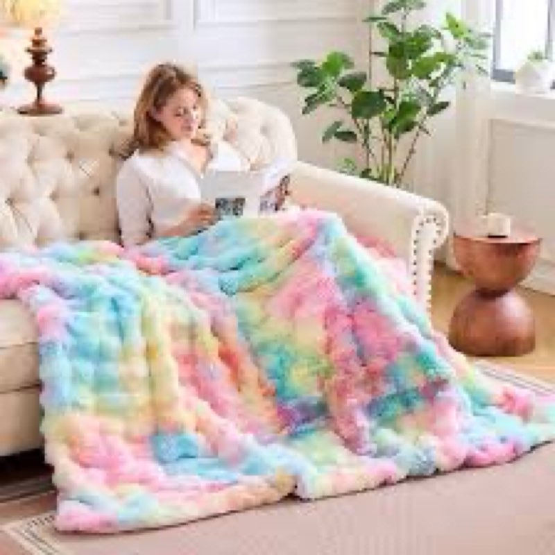 Lotus Karen Faux Fur Blanket Rainbow Twin Size - Big Bubble Rabbit Fluff Blanket for Couch, Small Fl