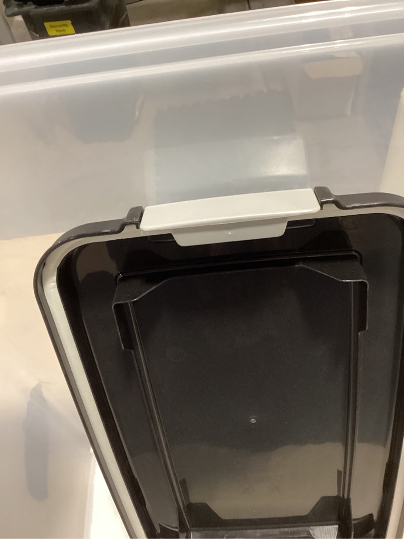 Condition photo showing As Is for iris usa dog food storage container, up to 38 lbs, black, made in usa | wheels for mobility, airtight seal, bpa-free, best for bird seed, cat food, cat litter, chicken feed, pellets 38 lbs black  missing wheels