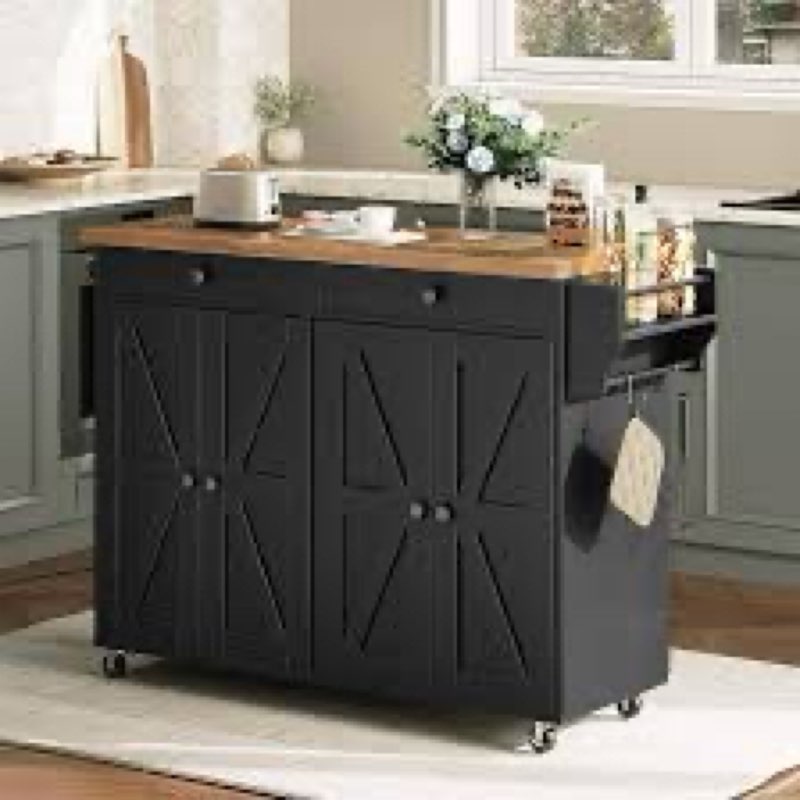 hoobro kitchen island with power outlet, storage island with spice rack and drawer, rolling kitchen 