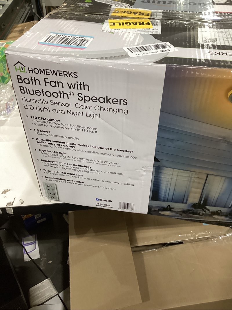 Condition photo showing New/Like New for Homewerks 7130-20-BT Humidity Sensor Bathroom Fan with Color Changing LED Light and Bluetooth Speaker 110 CFM 1.5 Sones 3 Temperatures 3000K 4000K 5000K 1000 Lumens With Wall Switch 110 CFM Bluetooth Bath Fan with Speaker and Color Changing LED Light