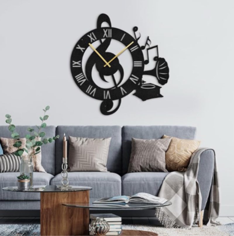 SIGNLEADER Metal Wall Clock Wall Art Decor, Modern Music Treble Clef Wall Sculpture Clock Silent Battery Operated Hangings Home Decoration for Living Room, Bedroom, Kitchen, Bathroom - 24" Black