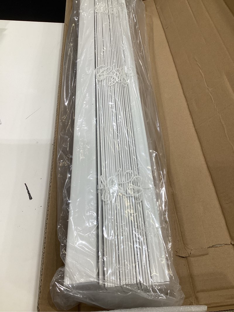 Condition photo showing As Is for cordless faux wood blinds 28" w x 72" h, 2 inch slat horizontal windows blinds with crown valance, room darkening blinds, white blinds for home interiors. 28"w x 72"h