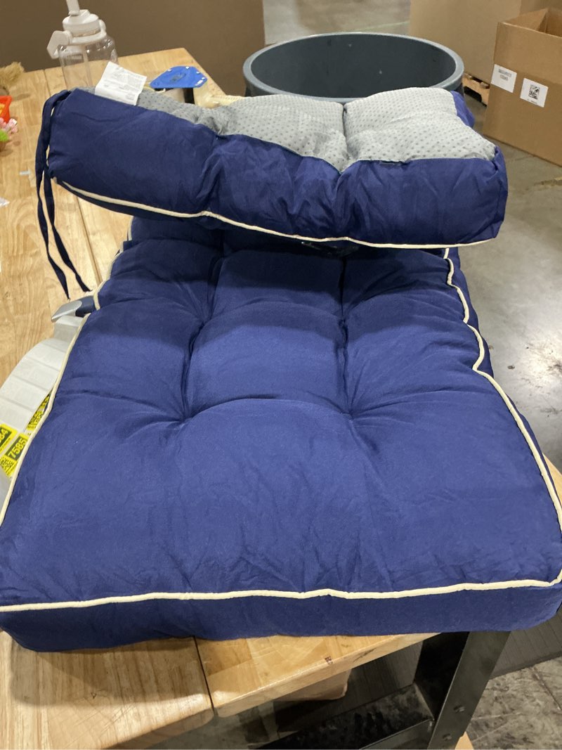 Condition photo showing As Is for outdoor loveseat cushion navy, 1 piece