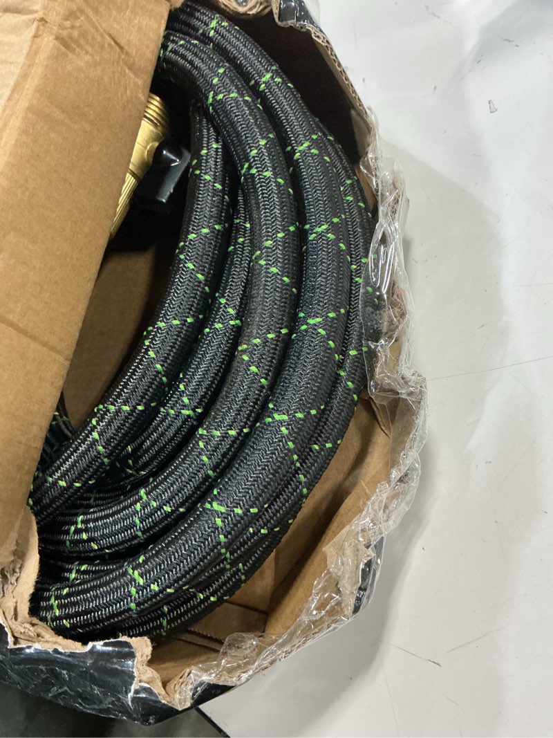 Condition photo showing Good Condition for powerflow garden hose, non-expandable 25 feet premium quality stainless steel metal water hose with durable fabric skin, hose for commercial, residential use, bonus 10-way spray nozzle (25 ft, black) 25 feet black