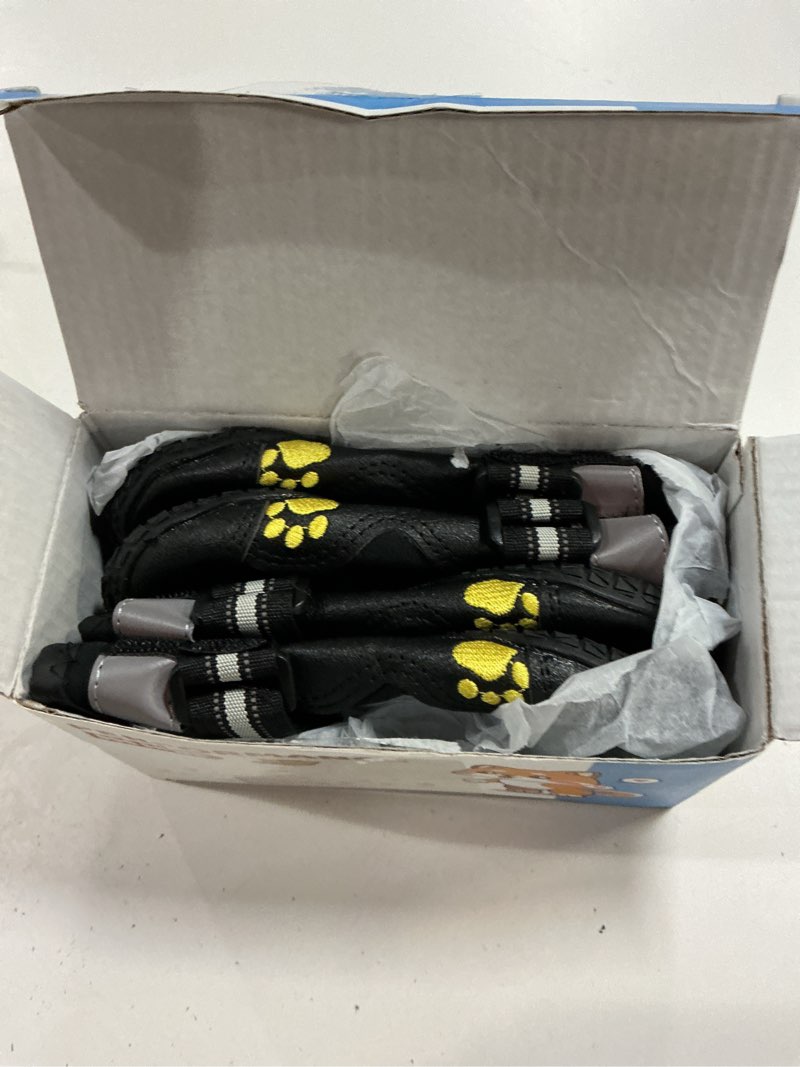 Condition photo showing Good Condition for qumy dog shoes for large dogs, medium dog boots & paw protectors for winter snowy day, summer hot pavement, water-resistant in rainy weather, outdoor walking, indoor hardfloors skid-resistant sole black size 8: 3.0''x3.3"(w*l) (pack of 4)