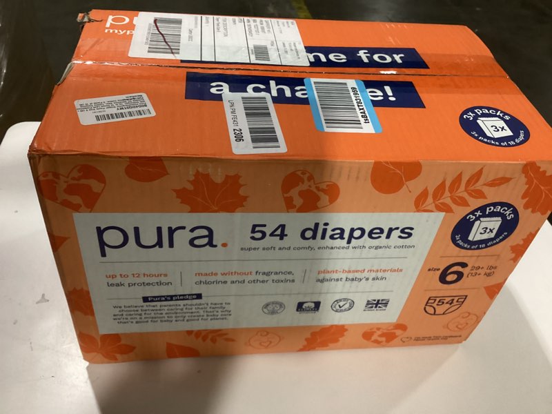 Condition photo showing New/Like New for Pura Size 6 Eco-Friendly Diapers (29+ lbs) Hypoallergenic, Soft Organic Cotton, Sustainable, up to 12 Hours Leak Protection, Allergy UK, Recyclable Paper Packaging, 18 Count (Pack of 3) (54 Diapers)