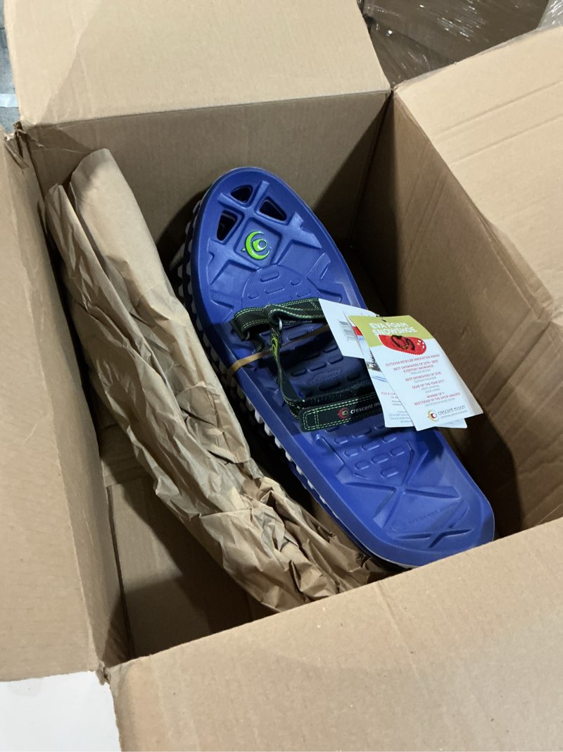 Condition photo showing Good Condition for Crescent Moon EVA Unisex Ultralight EVA Foam Snowshoes for Men & Women Adults, for Hiking and Running, with Dual Density Rocker Cloud Deck and Ice Spikes Blue