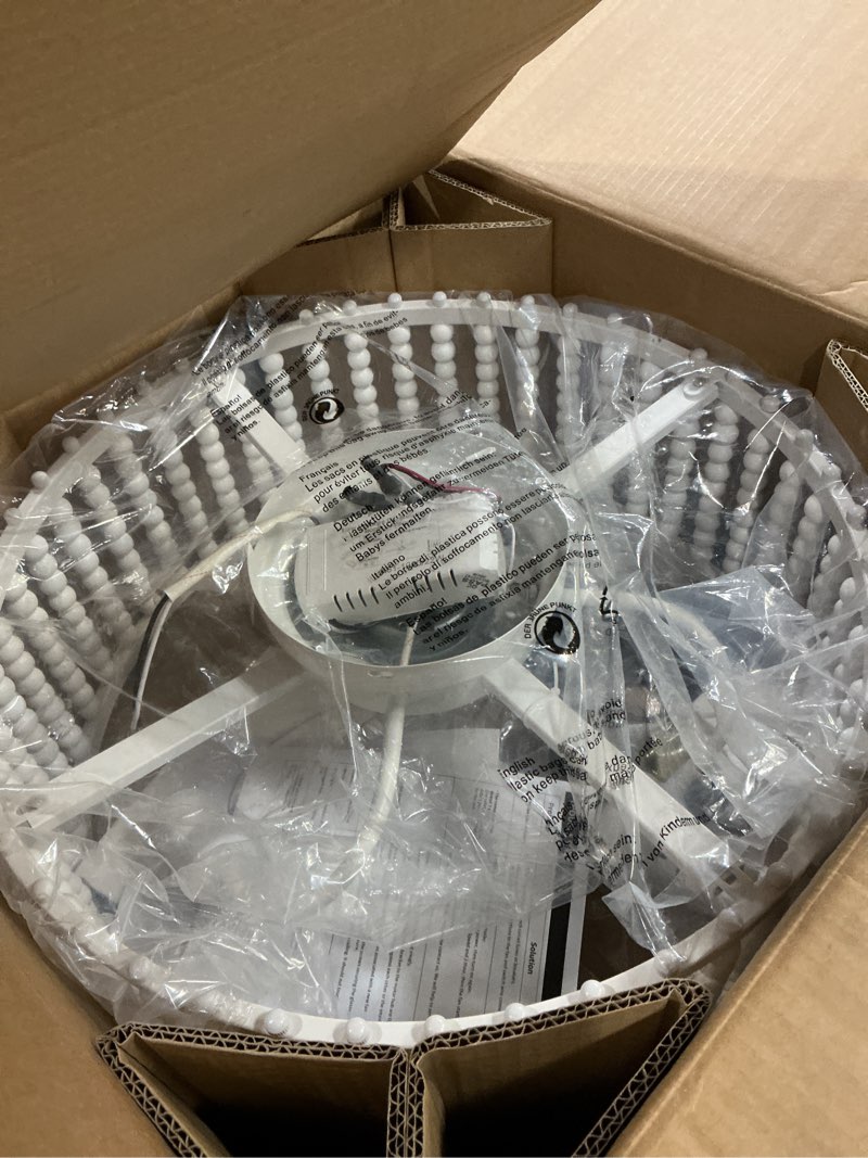 Condition photo showing Good Condition for 20" Boho Wood Beaded Fandelier, 6-Speed Flush Mount Caged Ceiling Fan with Light & Remote Control, Rustic Chandelier Fan Bladeless/Quiet Motor/Low Profile, for Bedroom Living Room, White