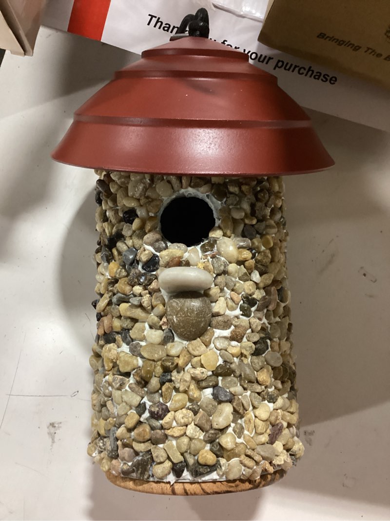 Condition photo showing New/Like New for Fortress Bird House for Outside Clearance, Pebble Stone HDPE Roof Bird House for Outdoor, Heavy Duty Stone, Hanging Birdhouse for Outside, Wren House 10 Year Lasting (Red)