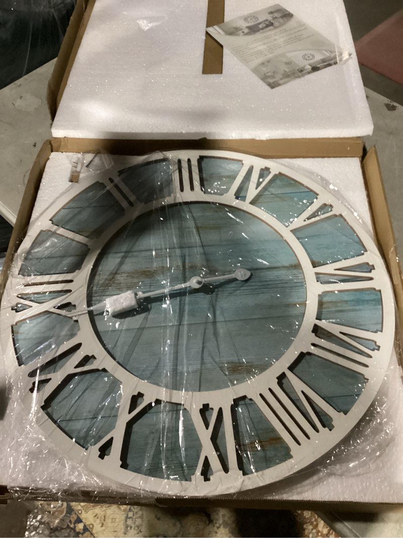 Condition photo showing Good Condition for mode home large rustic wooden wall clock, 24 inch whitewashed farmhouse wall clock with carved roman numerals, silent battery operated round vintage clock for living room, kitchen, bedroom, study room 24 inch washedwhite dial with black roman numerals